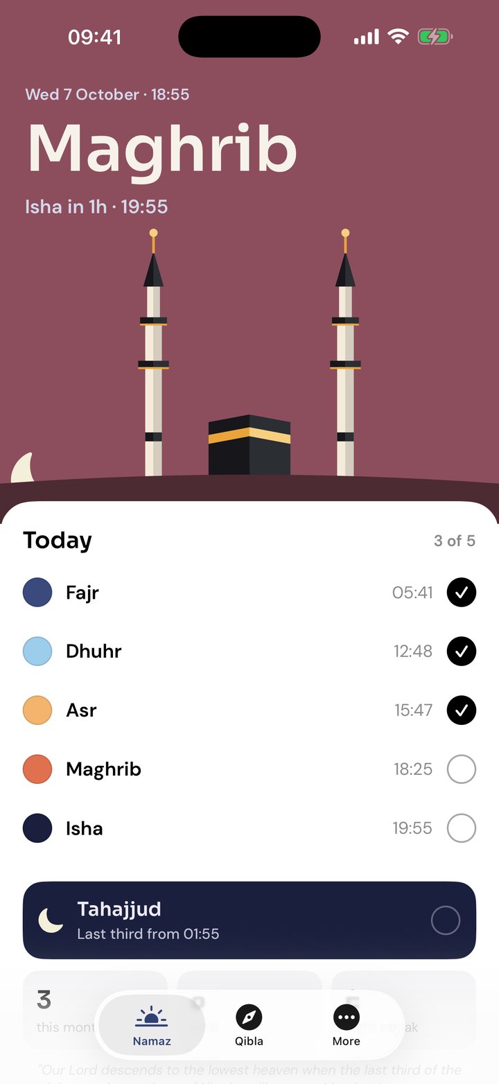 Tahir at Maghrib: a red evening sky with the sun setting beside the minarets, and Isha in 1 hour 22 minutes.